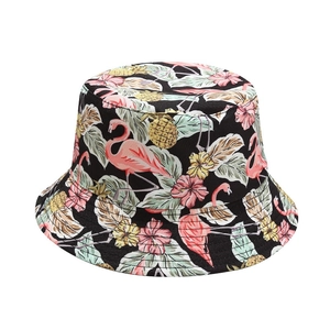 Reversible flamingo and tropical leaf print sun hat with pineapple pattern for summer