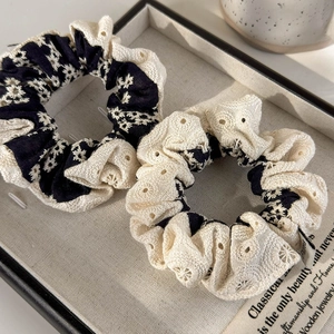 Vintage navy floral cotton linen scrunchie set with delicate beige lace embroidery