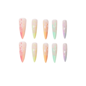 Unghie finte stiletto sfumate arcobaleno con design colorato a goccia fluida