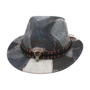 Kids Denim Patchwork Cowboy Hat Western Fedora With Bull Head Metal Ornament Ethnic Band Retro Wide Brim