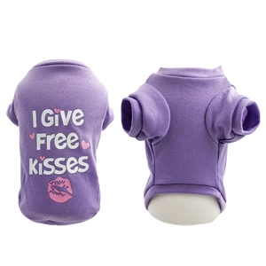 Front and back view of purple cotton dog T-shirt with I GIVE FREE KISSES print
