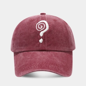 Macro detail of white spiral question mark embroidery on washed burgundy cotton baseball cap