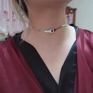 Detailed shot of a silver titanium steel choker with a red leather belt buckle detail