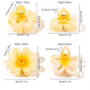 Size chart for hollow frangipani hair claw clips showing dimensions and weights of four styles