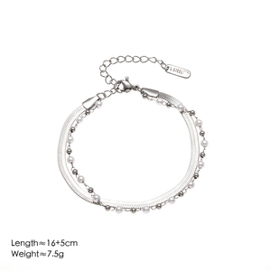Double-layer stainless steel bracelet with white pearls and silver metal beads