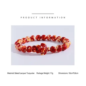 Unisex turquoise bead bracelet with red turtle pendant and colorful stone beads
