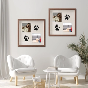 Cadre souvenir pour animaux en noyer avec quatre fenêtres pour empreinte et photos de chat