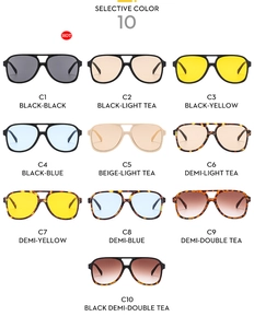 Close-up of 10 color options for vintage double bridge aviator fashion sunglasses