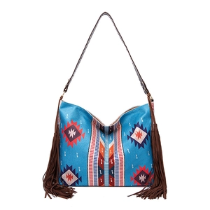 Detail of bohemian woven tote bag with geometric patterns and long brown side fringes