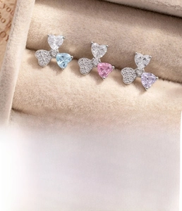 Detail of silver heart zircon studs in blue pink and purple with 0.8x6mm bar size