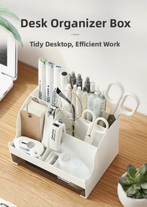 Macro shot of white desktop organizer with tiered slots and clear dark drawer storage