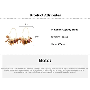 Detail showing 18k gold-plated stone tassel earrings with dimensions 5x3cm and 8.6g weight