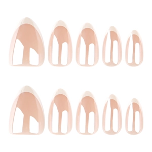 Minimalist French tip press-on nails in short almond shape with nude pink base