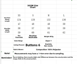 Size chart detail for quilted jacket with measurements for XS, S, M, L in beige
