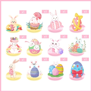 Flat lay of 12 unique Easter cartoon rabbit and colorful egg decorative stickers set