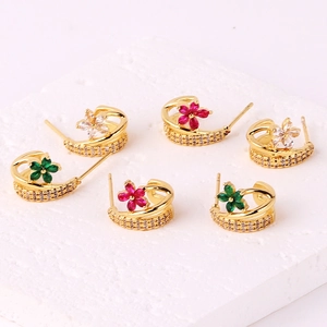 Three pairs of gold-plated C-shaped flower earrings with white, red, and green zircons