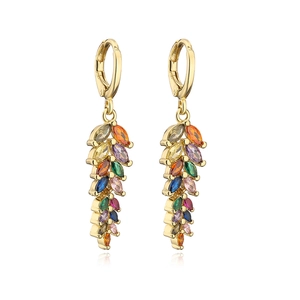 Macro detail of gold plated drop earrings featuring multi-color marquise cut zircons