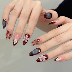 Purple cat eye gradient almond press-on nails with 3D floral carving and gold beads