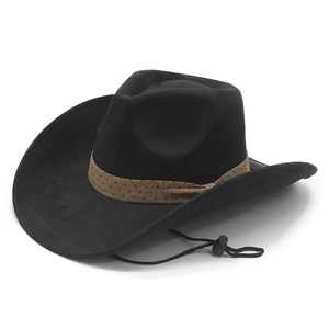 Classic black felt western cowboy hat with brown polka dot band and windproof cord