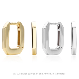 Geometric Rectangular Hoop Earrings 925 Sterling Silver Minimalist Modern U Shape Polished Ear Buckles For Women Fashion