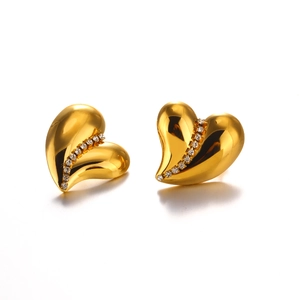 Minimalist 18K gold plated heart stud earrings with sparkling zircon inlay for women