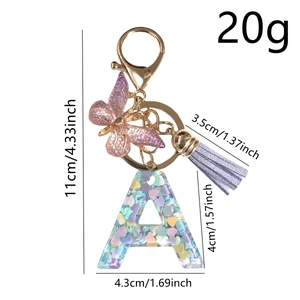 Resin letter A keychain with purple butterfly, colorful sequins and product dimensions