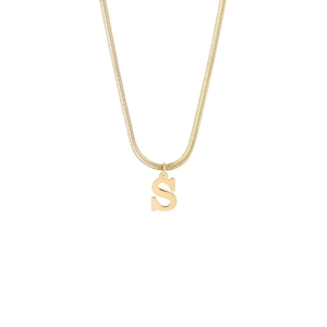 Detailed close-up of 18K gold stainless steel snake chain with capital letter S pendant
