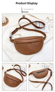 Detail view of brown leather chest bag with zipper pocket and adjustable strap
