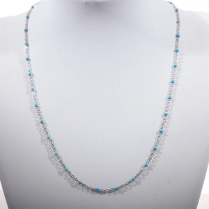 Minimalist stainless steel bead necklace with sky blue enamel spheres for women