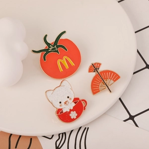 Cartoon animal enamel pins set with red tomato and cat in tea cup for bags