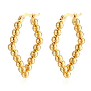 Polished golden stainless steel beaded hoop earrings in a geometric diamond shape