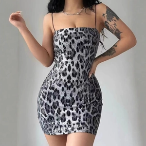 Sleeveless bodycon mini dress with metallic leopard print sequins and thin straps