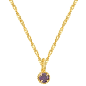 Macro view of water wave chain and round purple gemstone in 4-prong setting