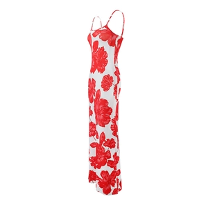 Detail shot of the red floral print and side profile of this summer maxi slip dress