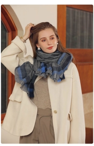 Détail de l'écharpe à carreaux d'hiver avec franges et texture en maille sur un manteau