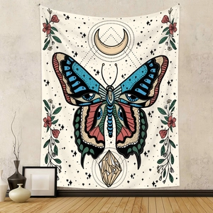 Detailed close-up of Bohemian butterfly tapestry with moon and floral mysticism motifs