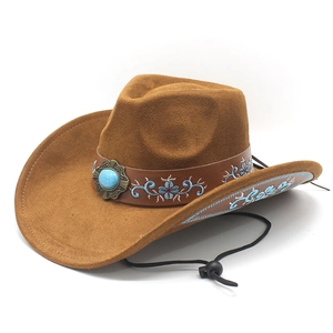 Brown western cowboy hat with turquoise stone and blue embroidery on a white background