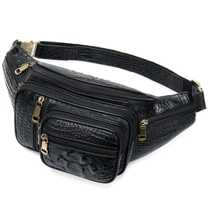 Multifunctional black crocodile pattern leather waist bag with gold zippers and adjustable strap