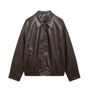 Brown faux leather pilot jacket with zip front and elastic hem on a white background