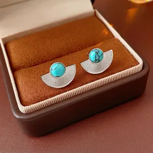 Vintage Fan Shaped Stud Earrings With Synthetic Turquoise And Silver Earring Post For Women Bohemian Style Jewelry