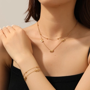 Collana E Bracciale Con Fiocco Doppio Strato Acciaio Inossidabile Catena Di Perline Gioielli Eleganti Per Donna