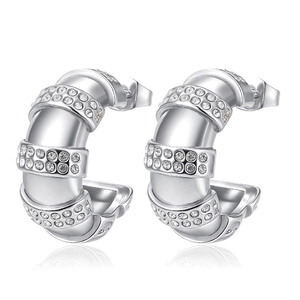 Silver C-shape hoop earrings with striped rows of cubic zirconia stones for women