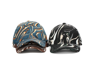 Detail of two baseball caps featuring colorful marble patterns and vibrant stripe textures