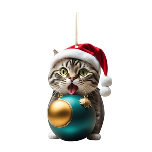 Funny 2D acrylic Christmas cat ornament with Santa hat and festive green gold ball