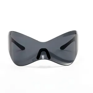 Futuristic Y2K oversized wrap sunglasses with grey lenses and black butterfly frame