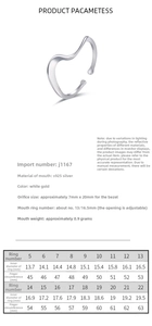 Size chart for the 925 sterling silver Mobius ring showing inner diameter measurements
