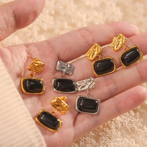 British vintage square pendant earrings with black glass inlay and pleated gold texture