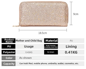 Detailed size chart and macro view of pink gold sequin PU leather clutch wallet