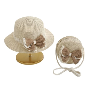 Chapeau de paille pour enfants avec sac bandoulière assorti, dentelle et nœuds marron