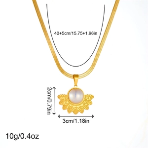 Gold stainless steel necklace with fan pendant and white pearl shell inlay dimensions